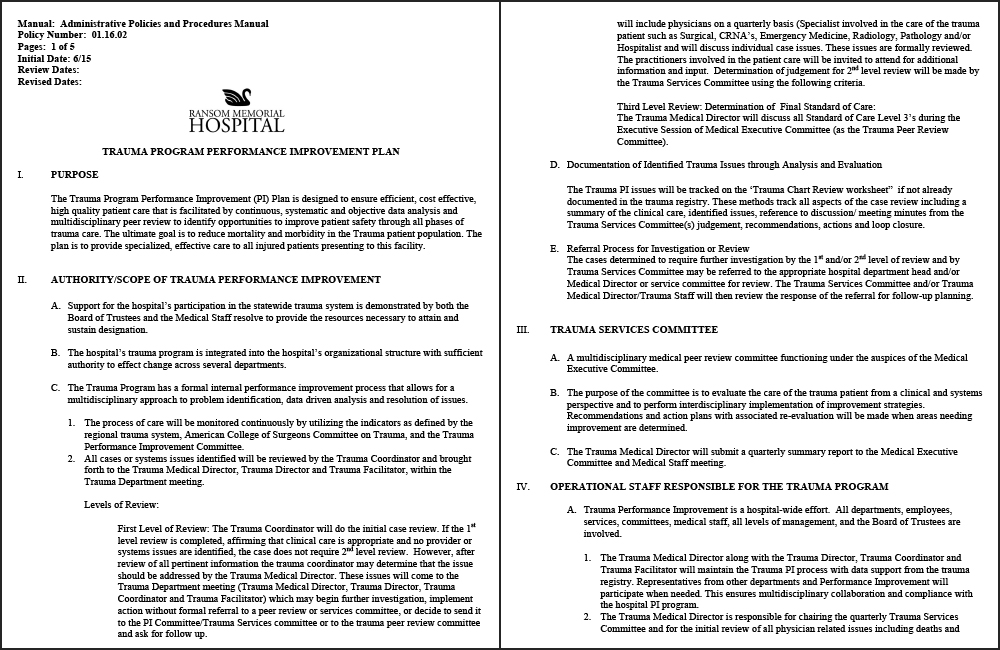 Ransom Memorial Hospital; Trauma Program PI Plan